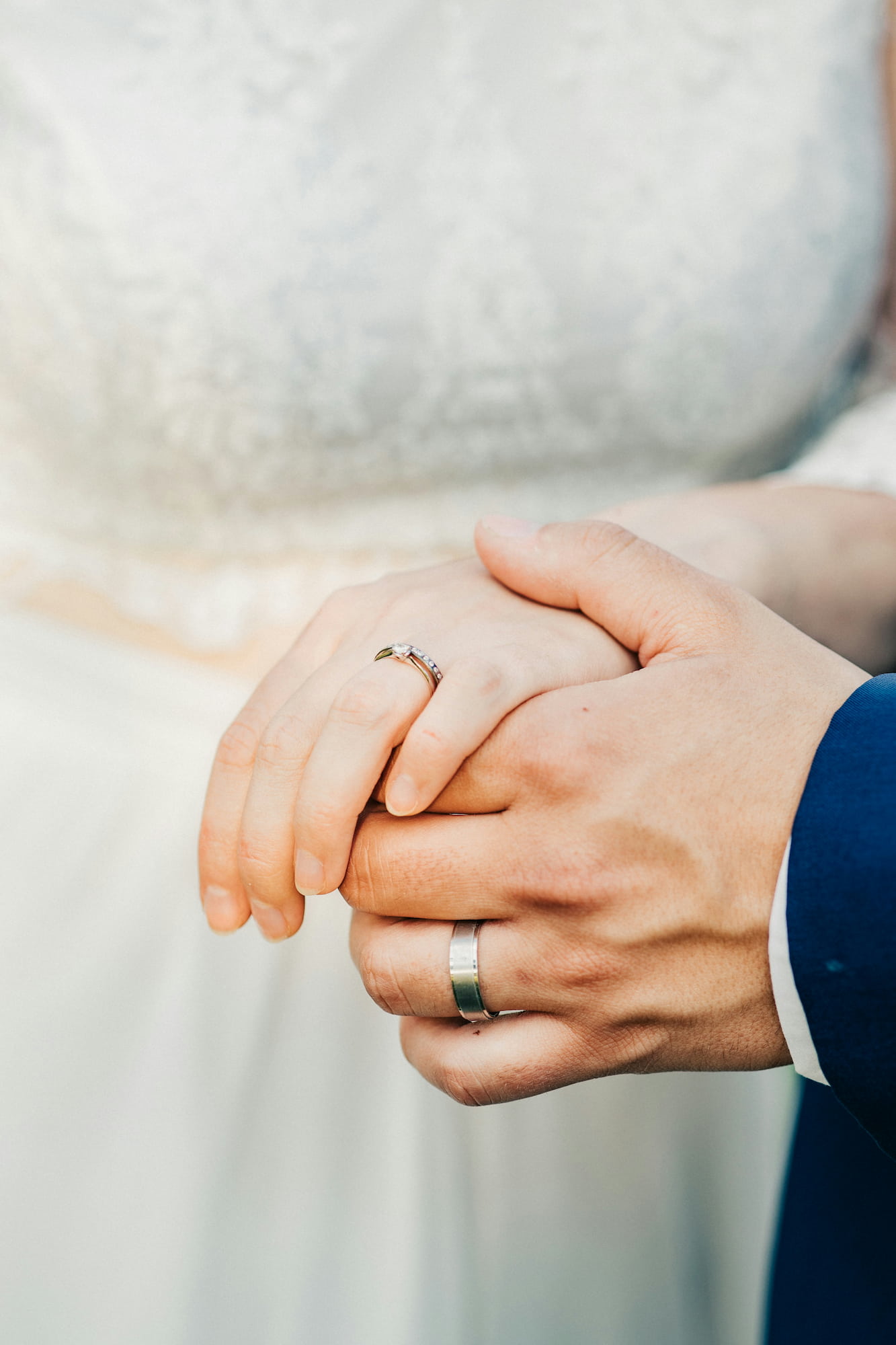 Close-up of wedding rings and hands